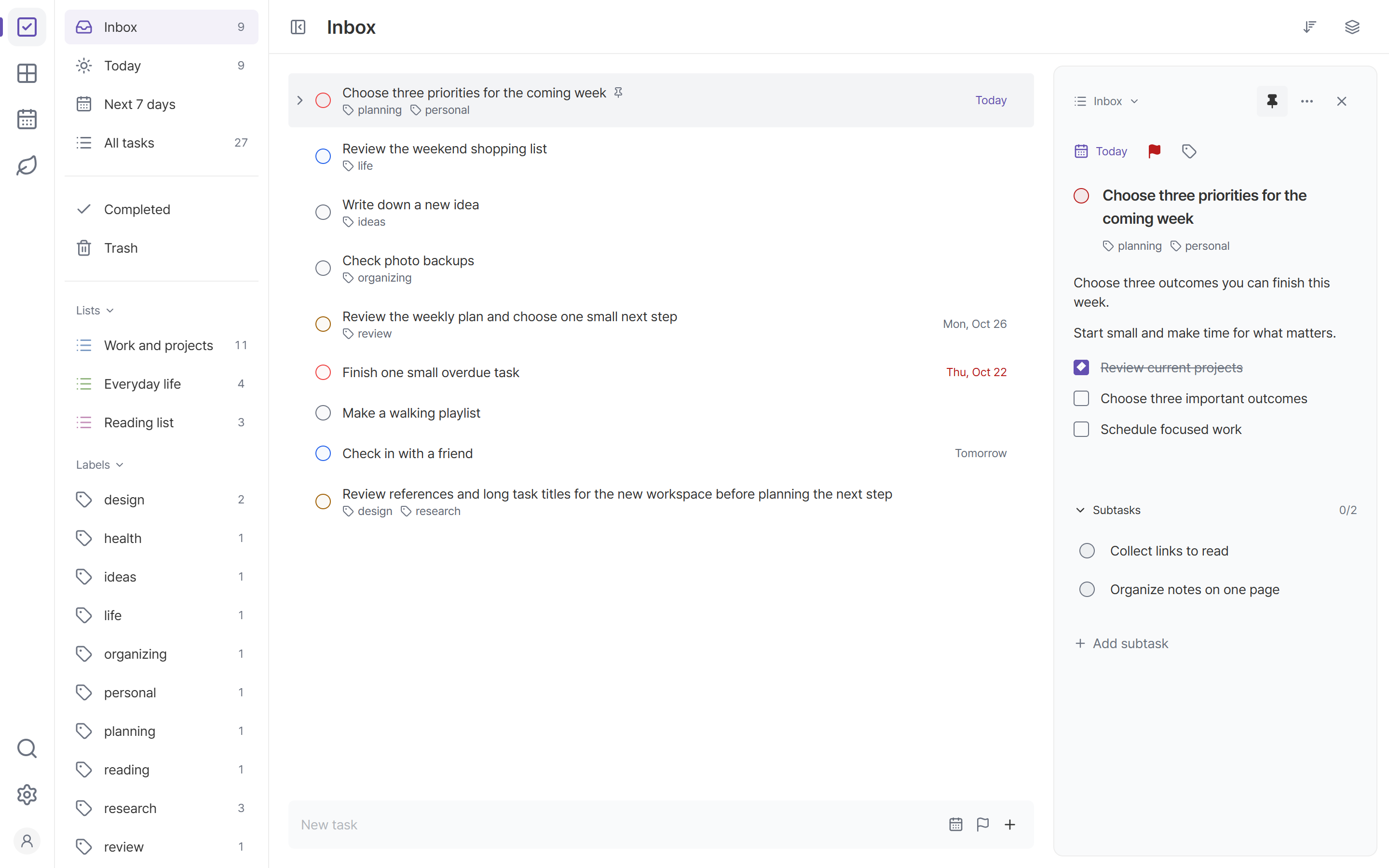 Rillday's light theme with example tasks organized into lists.